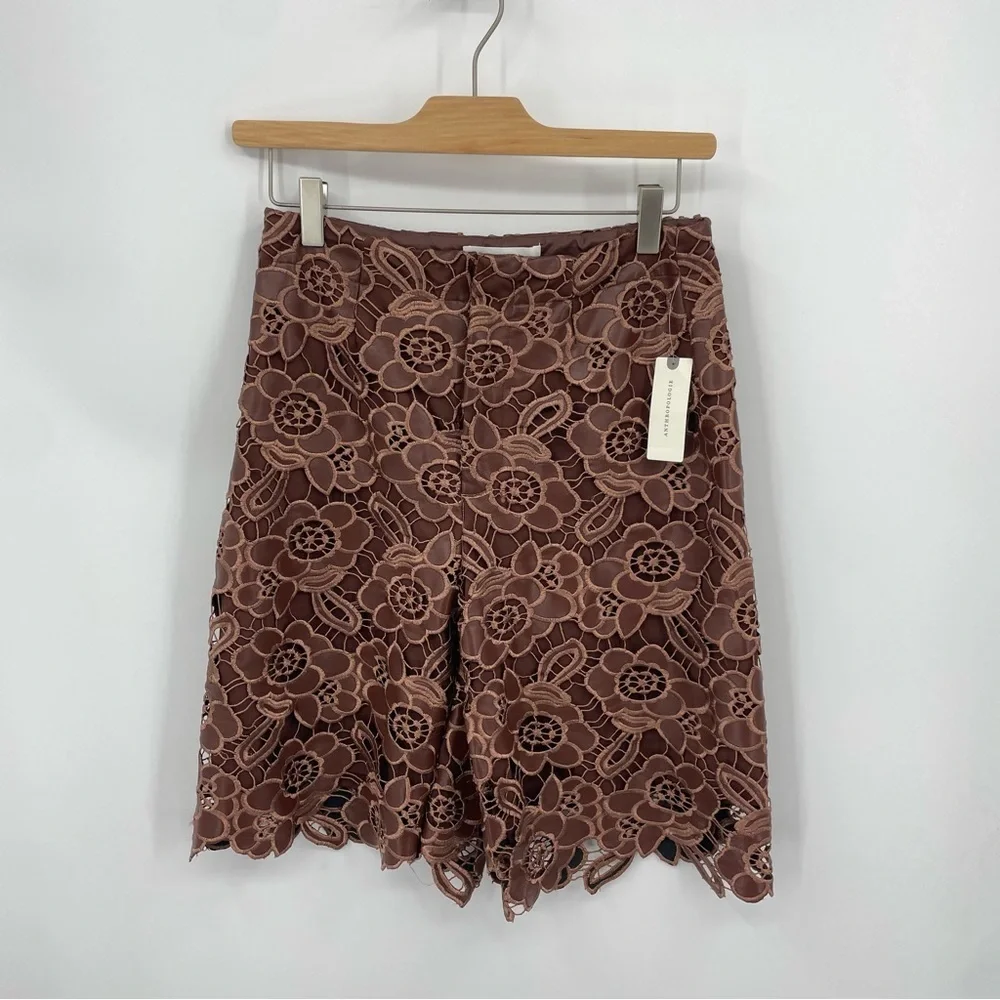 NWT By Anthropologie Floral Faux Leather Shorts Sz 0 cocoa‎ brown embroidered